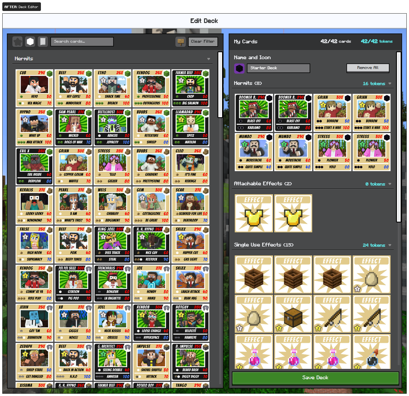 A look at the HC-TCG Deck Editor screen after my rework.