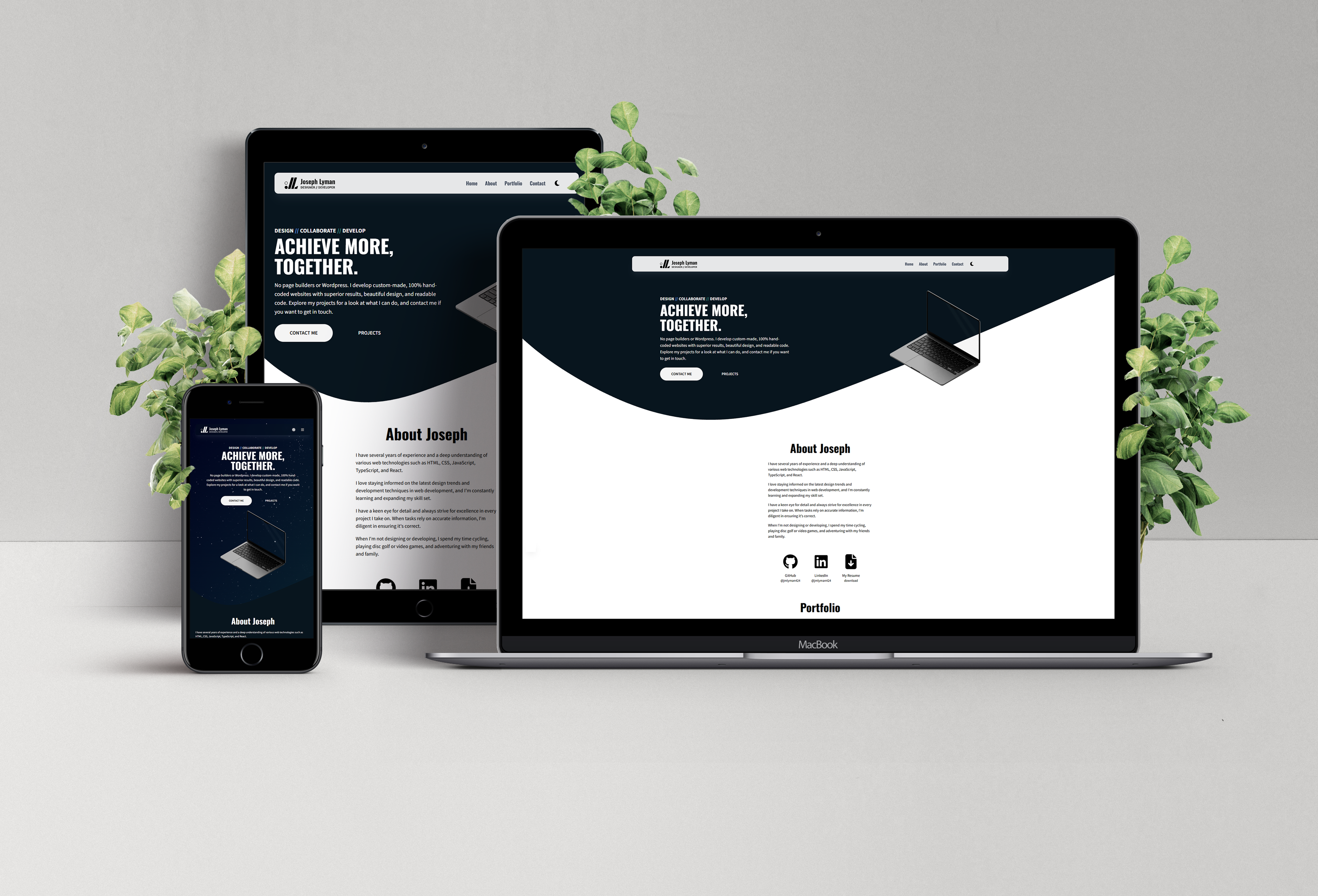 Render of the portfolio website on a MacBook, iPad, and iPhone screen.