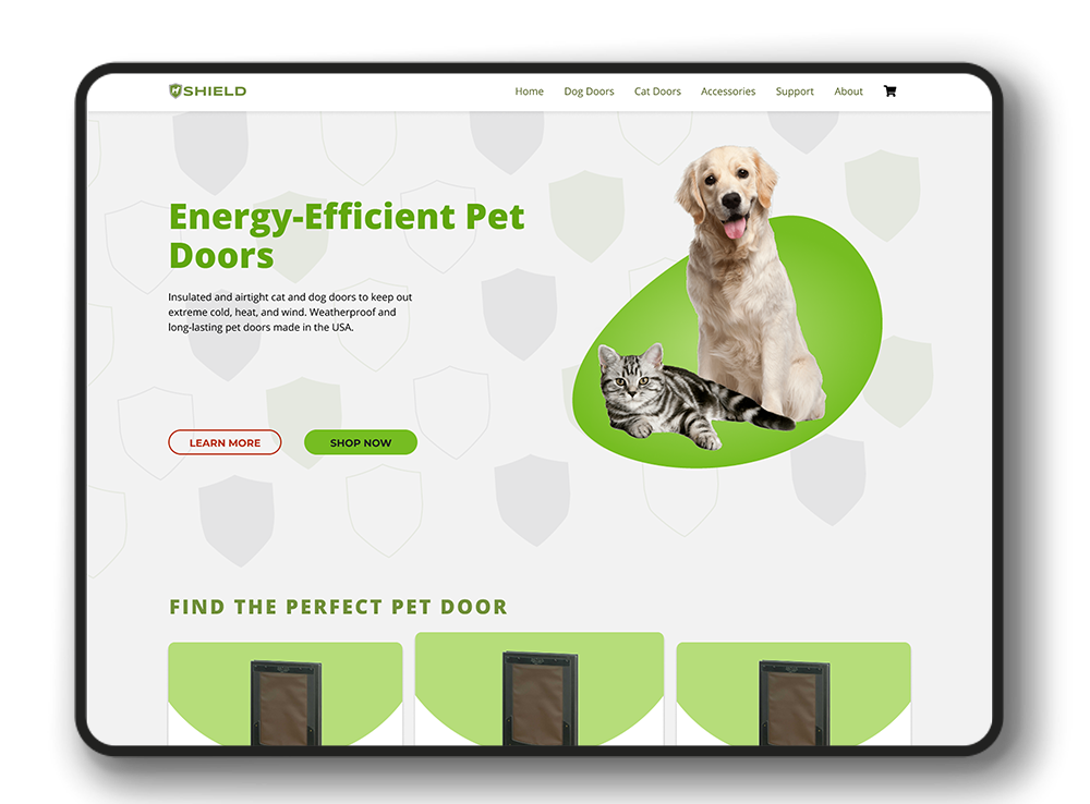 A mockup of the SHIELD Dog Door rebrand on an iPad.