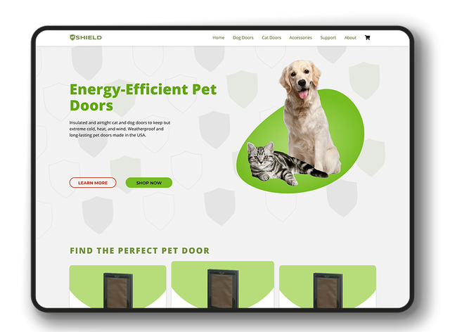 A mockup of the SHIELD Dog Door rebrand on an iPad.